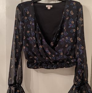 Cropped wrap blouse with sheer sleeves